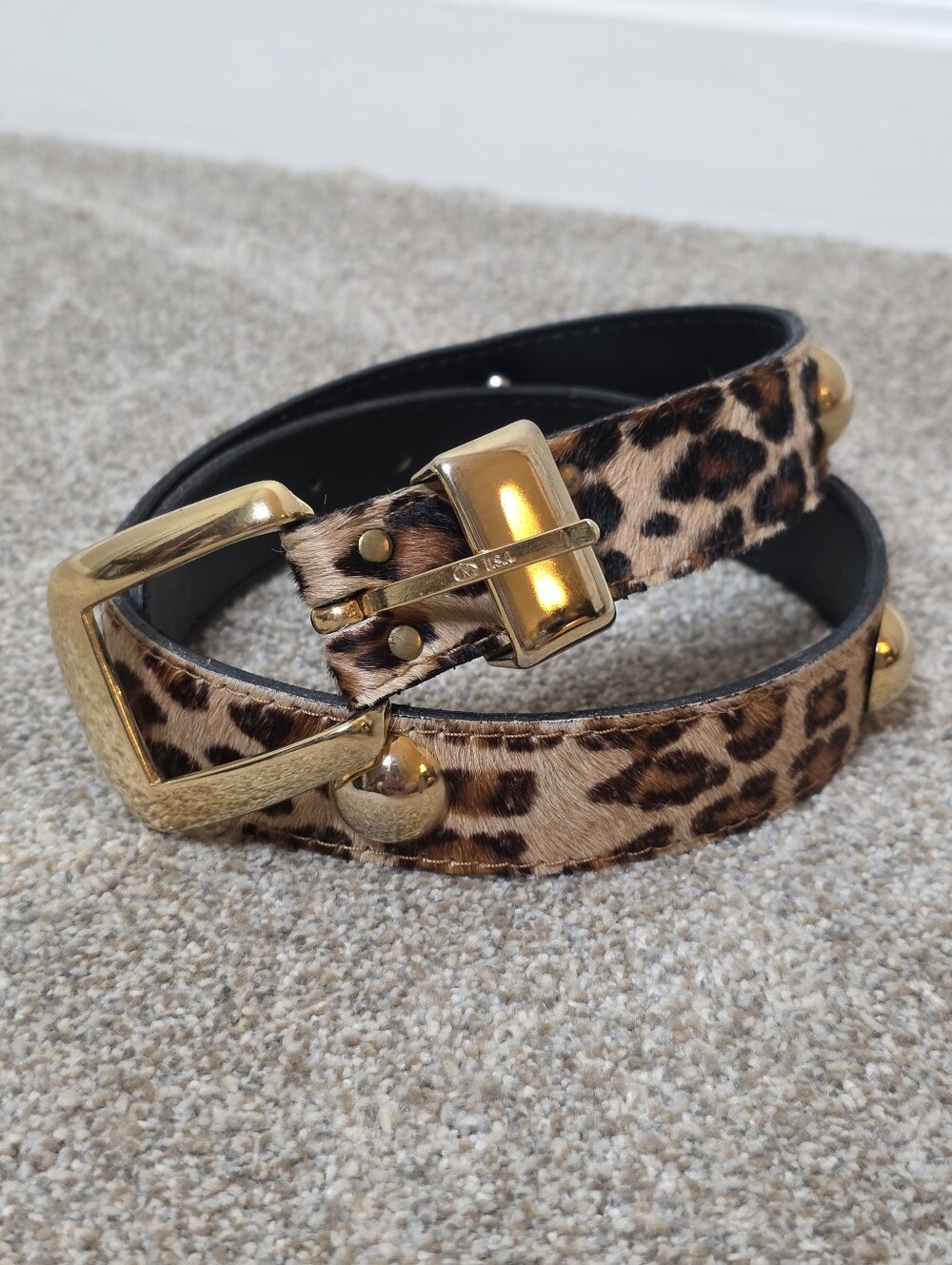 Leopard Leather Calf Hair Studded Vintage Belt Small